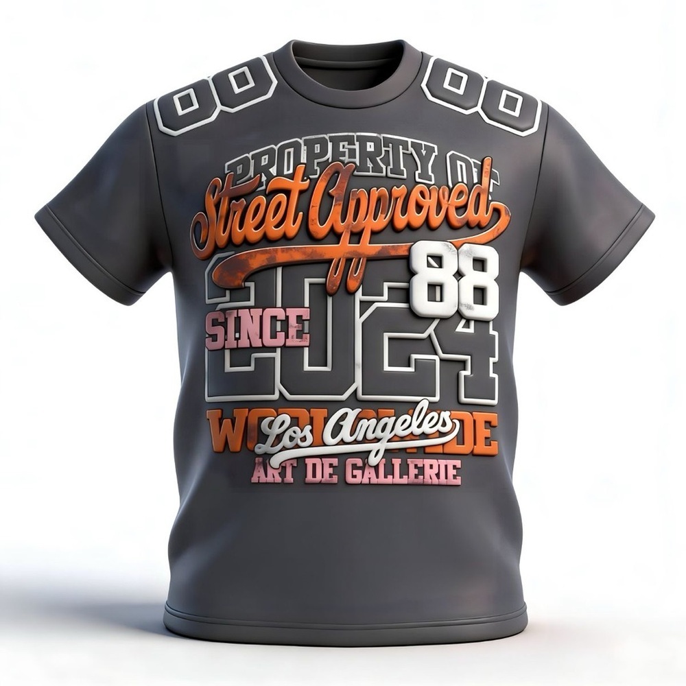 Sz Various blue Graphic T-Shirt with Orange and White Accents